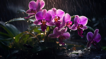 Beautiful wild orchid blooming in tropical forest during the rain.