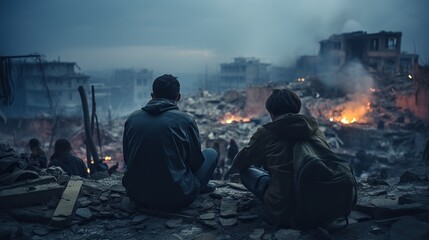 back view of two person looking at ruins of city.