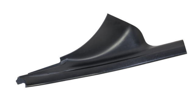 A black plastic decorative door sills in an automobile parsing for sale or repair in a workshop on a white isolated background in a photo studio.