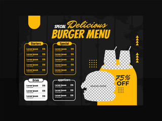 Naklejka premium Special delicious burger menu price list horizontal post template