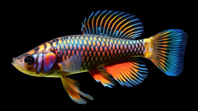 A Clown Killifish poised for a swift swim, showcasing its striking dorsal fin and iridescent scales.