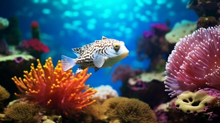 Naklejka na ściany i meble A colorful spotted pufferfish swimming gracefully in a vibrant coral reef, captured in stunning