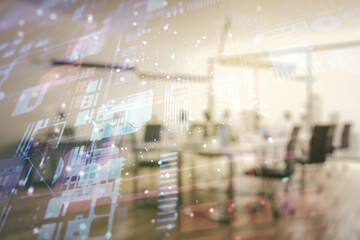 Multi exposure of abstract programming language hologram on a modern furnished office interior...