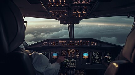 Fototapeta premium Pilot in the cockpit of the plane. View from the inside.