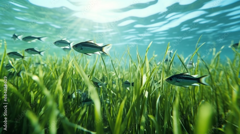 Wall mural A dynamic underwater shot capturing the agile hunting behavior of Banggai Cardinalfish as they pursue tiny prey amidst seagrass beds.