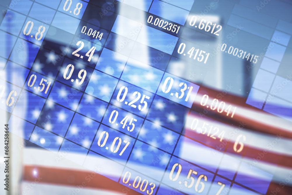 Poster Multi exposure of abstract statistics data hologram interface on US flag and city background, computing and analytics concept