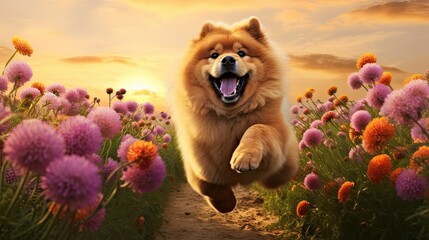 Happy chow chow dog running in the meadow with flowers - obrazy, fototapety, plakaty