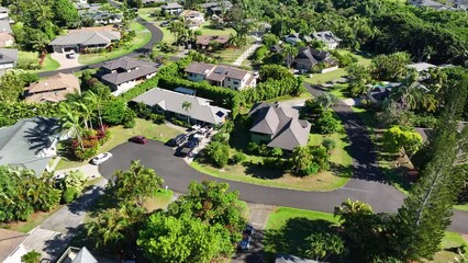 Aerial Kauai Hawaii resort golf course homes to ocean 2. Expensive luxury homes, resort, condominium and golf club. Recreation and tourism. Green landscape. Economy tourism based. Tourist warmth.