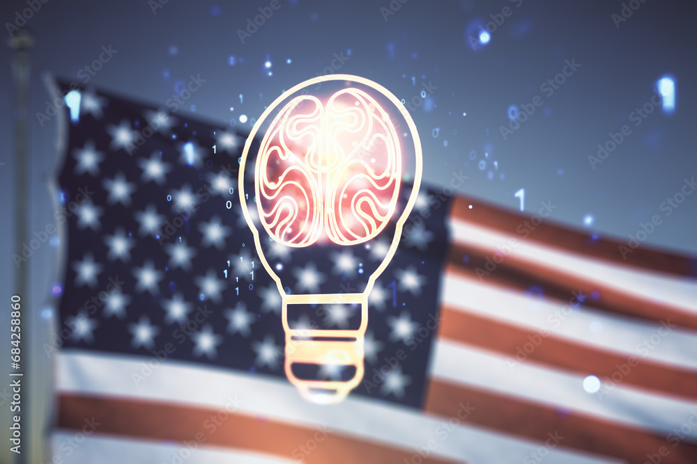 Aufkleber abstract virtual idea concept with light bulb and human brain illustration on us flag and blue sky b