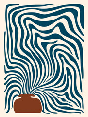 groovy funky wavy mid mod modern abstract curvy tilted  leaf plant in a vase art poster design, vector illustration botanical, graphic print in muted  blue and tan