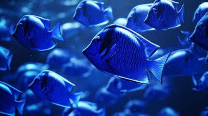 A group of Blue Tangs swimming in unison, creating a mesmerizing pattern in