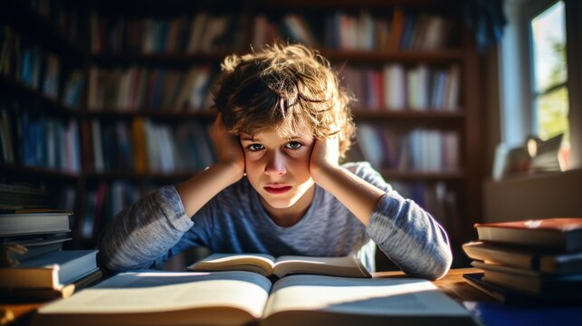Concentrated white boy child doing his homework at home. The boy struggles to read a book. Education, school, learning disability, reading difficulties, dyslexia concept generative ai
