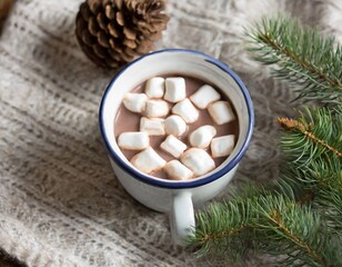 Cocoa, coffee, gift, fir branch, nuts, cones, cozy knitted blanket. Winter, New Year, Christmas