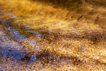 
small pebbles in the sand visible through the brown colored river water