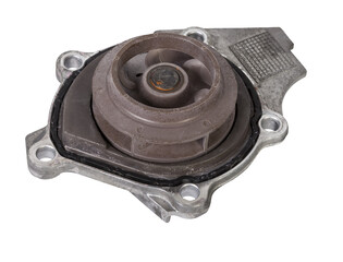 Metal automobile pump for cooling the engine of a water pump on a white background. The concept of used spare parts for the car engine from junkyard