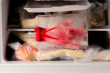 Frosty Prank: A frozen mock human hand in an ice block inside a fridge freezer, setting the stage...