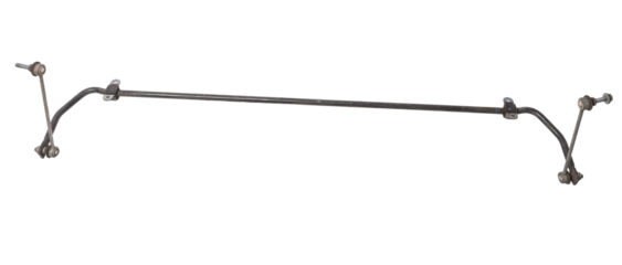 Metal anti-roll bar stabilizer - a device in vehicle suspension that serves to reduce lateral rolls in corners, it was used on a white isolated for installation or repair in workshop