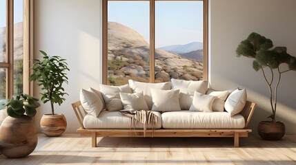 wooden sofa with natural frame for living room, in the style of minimalist nature studies, cottagecore, light beige and beige
