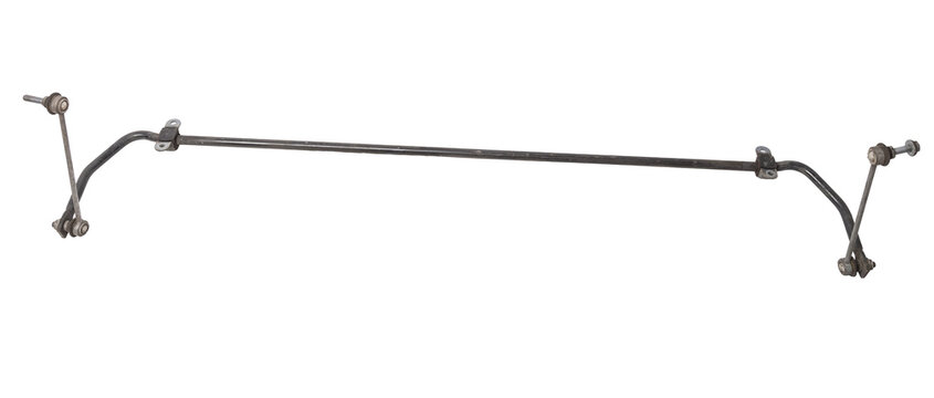Metal anti-roll bar stabilizer - a device in vehicle suspension that serves to reduce lateral rolls in corners, it was used on a white isolated for installation or repair in workshop