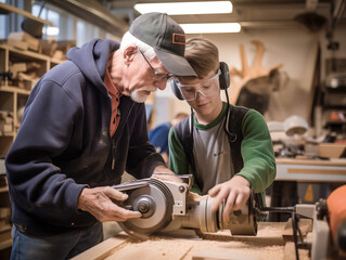 An elderly man teaches a teenager how to work a carpentry machine. - obrazy, fototapety, plakaty