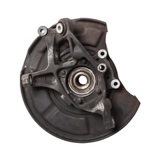 A close-up of a worn metal wheel hub with oil and rust elements on a white background. Seasonal...