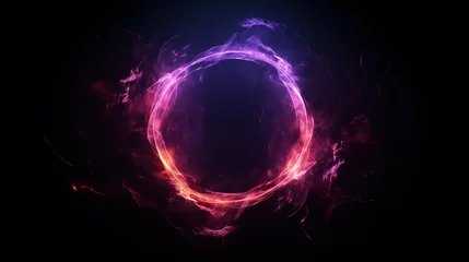 Fotobehang Abstract neon energy sphere of particles and waves of magical glowing on a dark background, circle and loop frames with magic purple and pink flame and sparks isolated on transparent, generative ai © OP38Studio