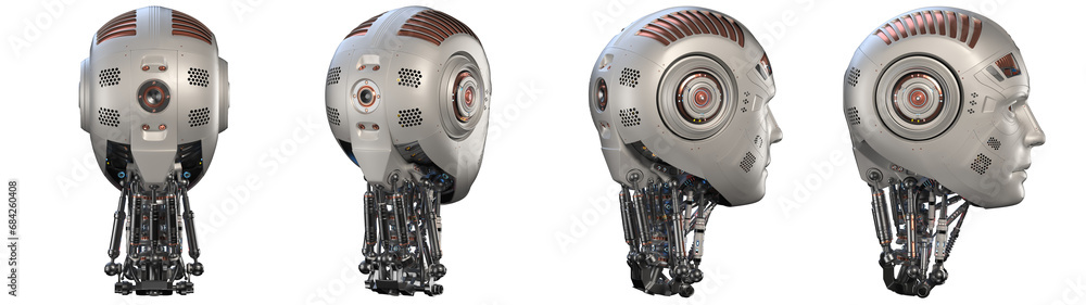 Poster futuristic robot head or very detailed humanoid face. collage or set of four different angles. isola