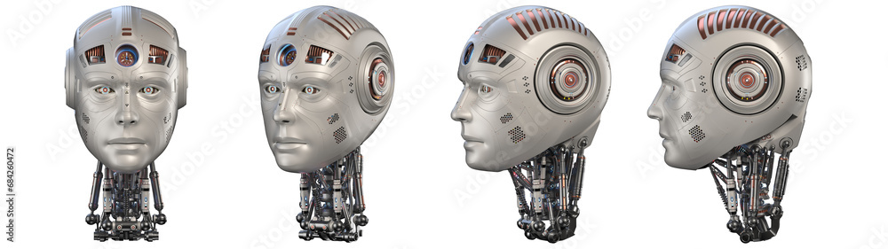 Poster futuristic robot head or very detailed humanoid face. collage or set of four different angles. isola