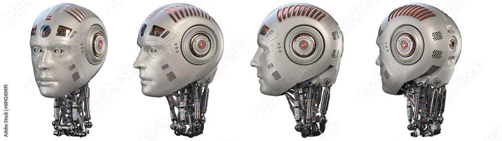 Poster futuristic robot head or very detailed humanoid face. collage or set of four different angles. isola