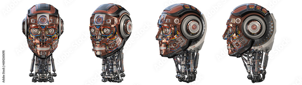 Poster futuristic robot head or very detailed humanoid face. collage or set of four different angles. isola
