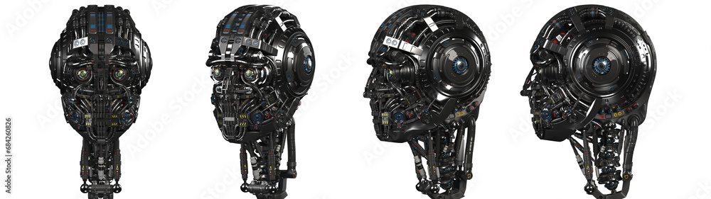 Poster futuristic robot head or very detailed humanoid face. collage or set of four different angles. isola