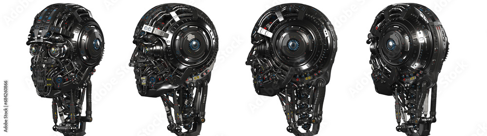 Poster futuristic robot head or very detailed humanoid face. collage or set of four different angles. isola