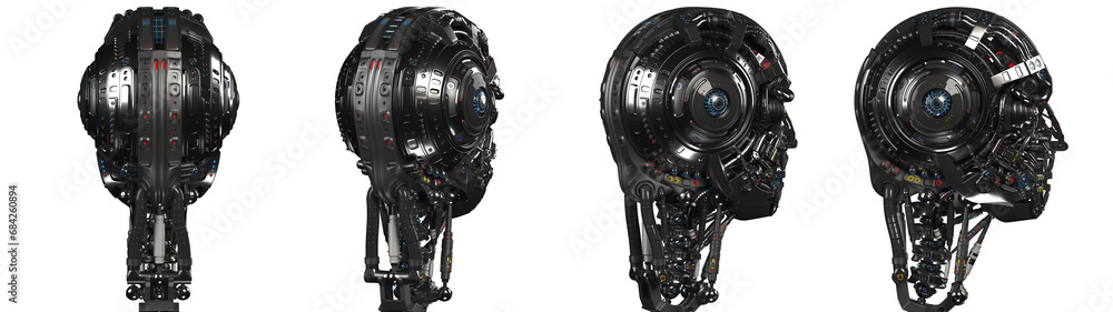 Poster futuristic robot head or very detailed humanoid face. collage or set of four different angles. isola