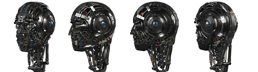 Futuristic robot head or very detailed humanoid face. Collage or set of four different angles. Isolated on transparent background. 3d rendering