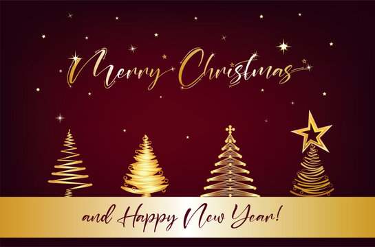 Merry Christmas and Happy New Year card. Vector illustration with golden decorative fir trees and stars on a red background.