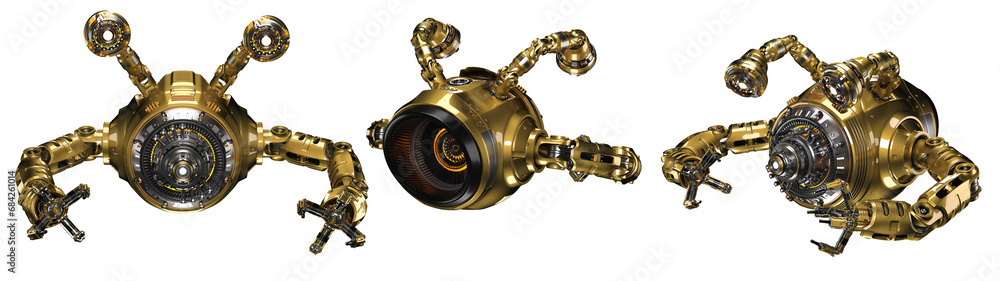 Poster futuristic drone or sci-fi factory worker. set or collage of three different angles and poses. isola