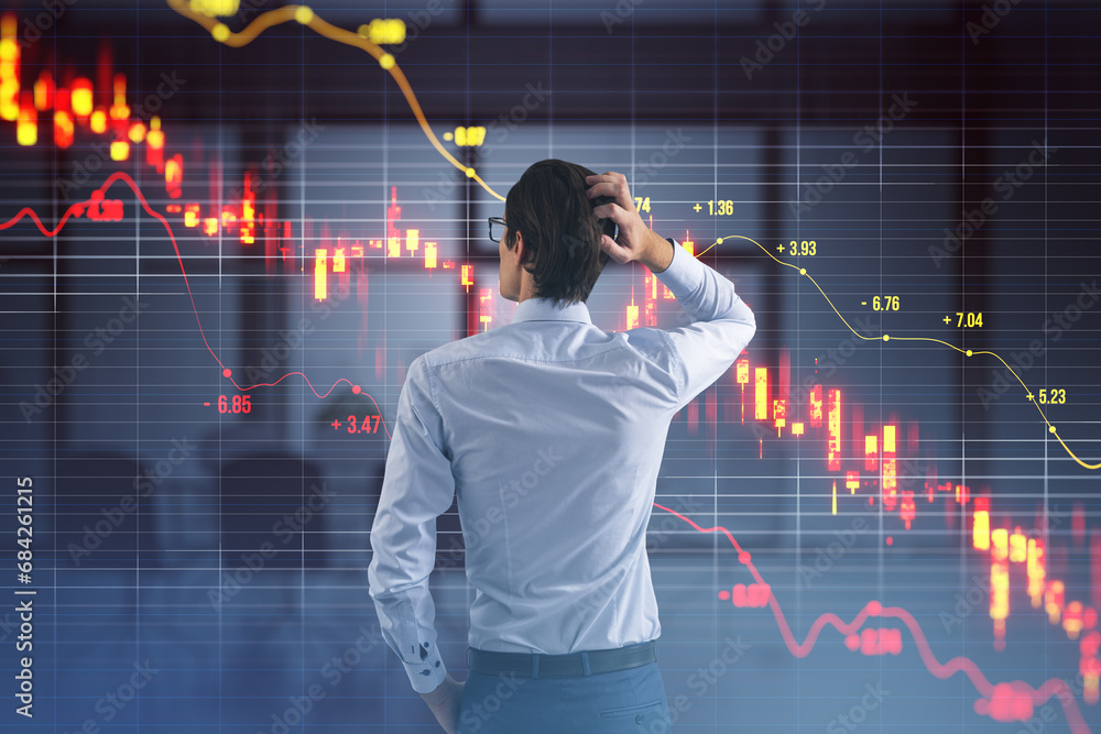 Poster back view of stressed young businessman with downward red candlestick forex chart with index on blur
