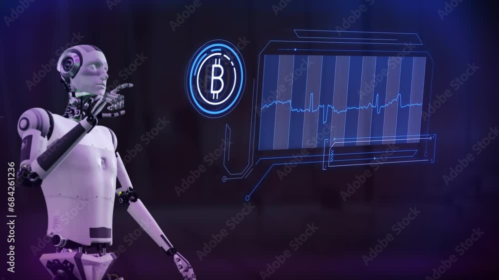 Poster an ai robot monitors bitcoin quotes on a virtual panel.