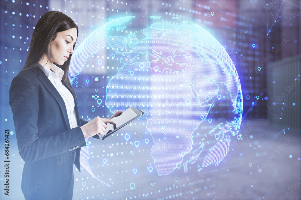 Poster young european businesswoman using tablet with glowing globe hologram with location pins on blurry o
