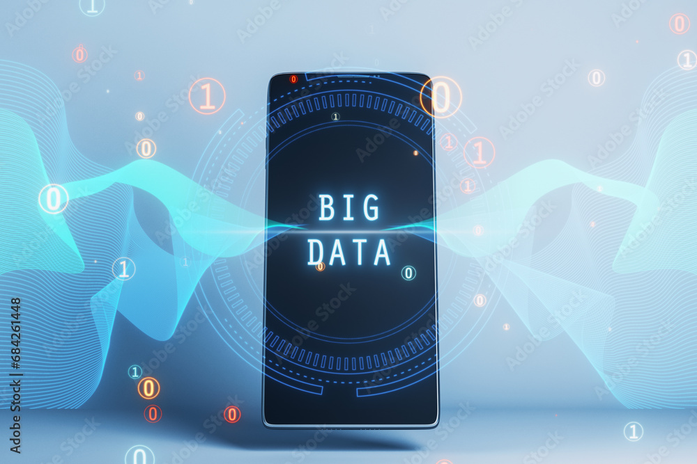 Leinwandbilder Close up of smartphone with abstract round big data hologram with binary code on blurry light background. Stream information, filtering machine algorithm concept. 3D Rendering.