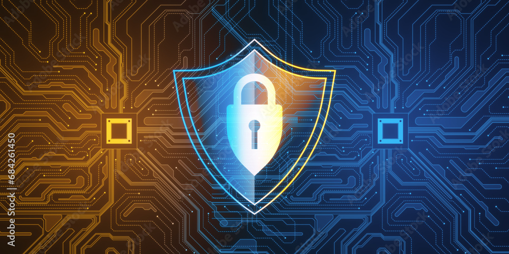 Poster creative web protection sign with circuit on dark background. web safety and security, shield, padlo