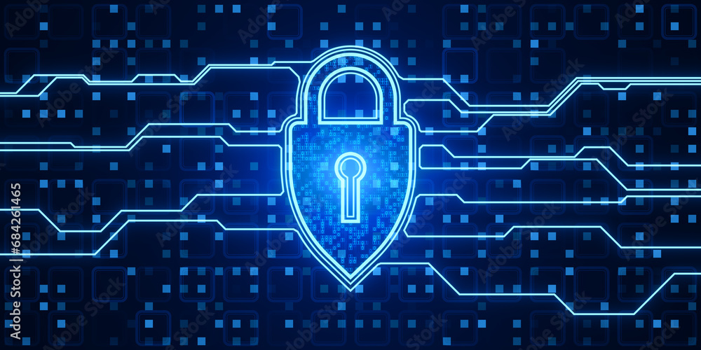 Aufkleber Creative web protection sign with binary code and lines on blue background. Web safety and security, shield, padlock and antivirus concept. 3D Rendering.