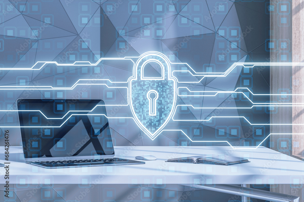 Poster Close up of workplace desk with laptop and creative web protection sign with binary coding on blurry background. Web safety and security, shield, padlock and antivirus concept. Double exposure.