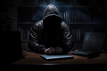 Hacker work front of his laptop computer with dark face. - obrazy, fototapety, plakaty