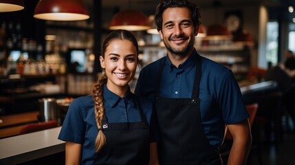Confident mature caucasian small business owners waiters bartenders in aprons looking at the camera with arms crossed at the bar counter in restaurant
