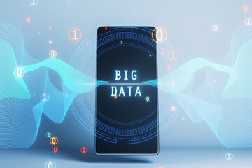 Close up of smartphone with abstract round big data hologram with binary code on blurry light...