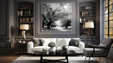 black and white living room with black shutters