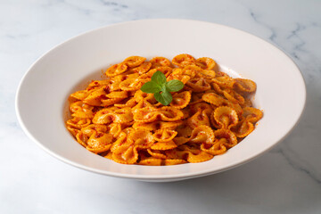 Farfalle pasta with tomato sauce, bow tie pasta tomatoes sauce (Turkish name; domatesli salcali kelebek makarna)