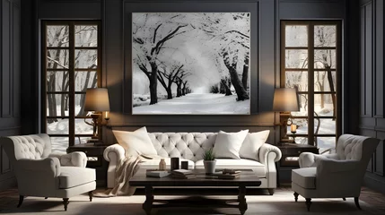 Fotobehang black and white living room with black shutters © Muzikitooo