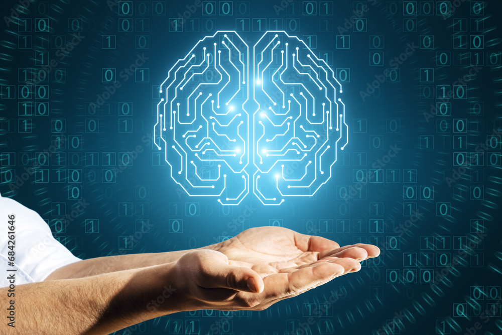 Aufkleber Close up of businessman hands holding glowing brain hologram with binary coding on blue background. Programming, machine learning and artificial intelligence concept.